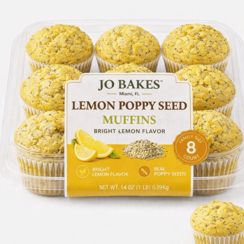 JO BAKES Lemon Poppy Seed Muffins, Moist Citrus Bakery Treat, 8 Count