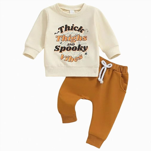 TOWED22 Toddler Baby Boy Halloween Outfit Long Pumpkin Shirt Pant Clothes Set Kids Fall Winter Clothes,Beige,12-18 M