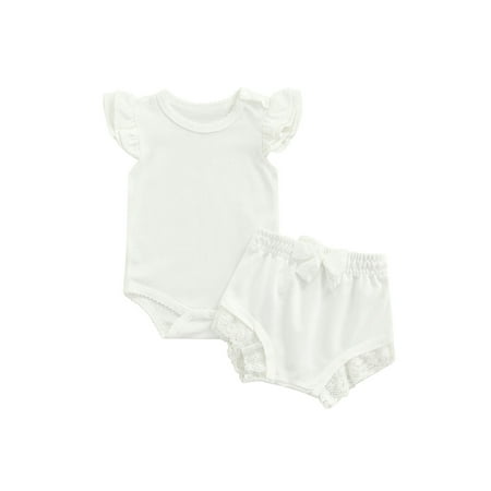 

Canrulo Infant Baby Girls Summer Outfits Ruffle Fly Sleeve Romper Bodysuit Lace Shorts Bottoms 2Pcs Causal Clothes White 3-6 Months