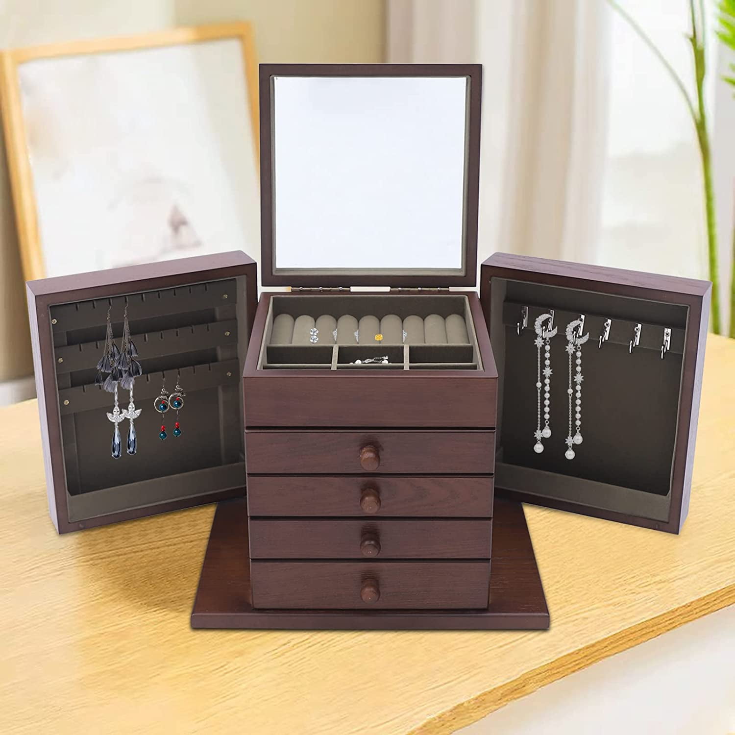 5 Layer Wooden Jewelry Box Jewelry Organizer Box with Mirror and Lock Jewelry Storage Box Case Valentine's Day Gift for Women Ring Necklace Watches