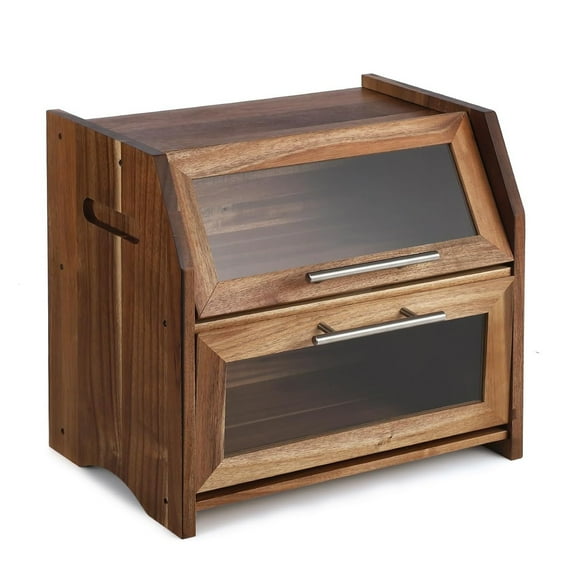 Bread Box, Double Layer Acacia Wooden Bread Bin with Clear Acrylic Door Panel, Air Vents, Countertop Bread Container, Rustic Brown Bread Holder for Home Made Bread, Bagels