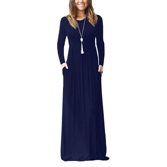 BadyminCSL Women Casual Long Sleeve Plus Size Loose Plain Pockets Long Maxi Dress