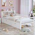 thumbnail image 2 of Twin Size Platform Bed with Storage Headboard  3 Side Guardrails，Wood Platform Bed with Double Drawer Storage, for Children's Room, Bedroom, White, 2 of 9