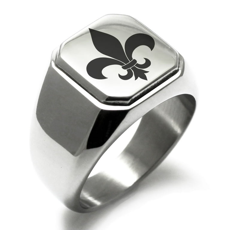 Stainless Steel Fleur De Lis Engraved Square Flat Top Biker Style