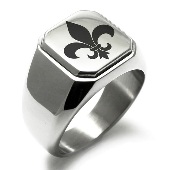 Stainless Steel Fleur De Lis Engraved Square Flat Top Biker Style Polished Signet Ring