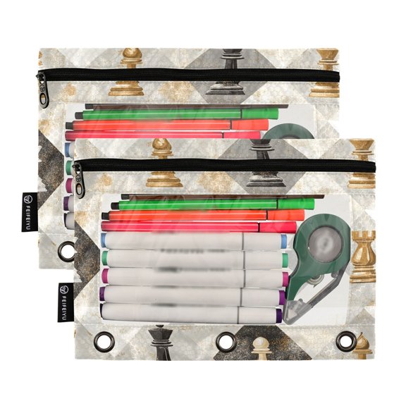 Ckdifva Chess Diamond Pencil Pouch 3 Ring Zipper Pencil Case Binder Pockets Clear Top Cosmetic Bag 2 Pack