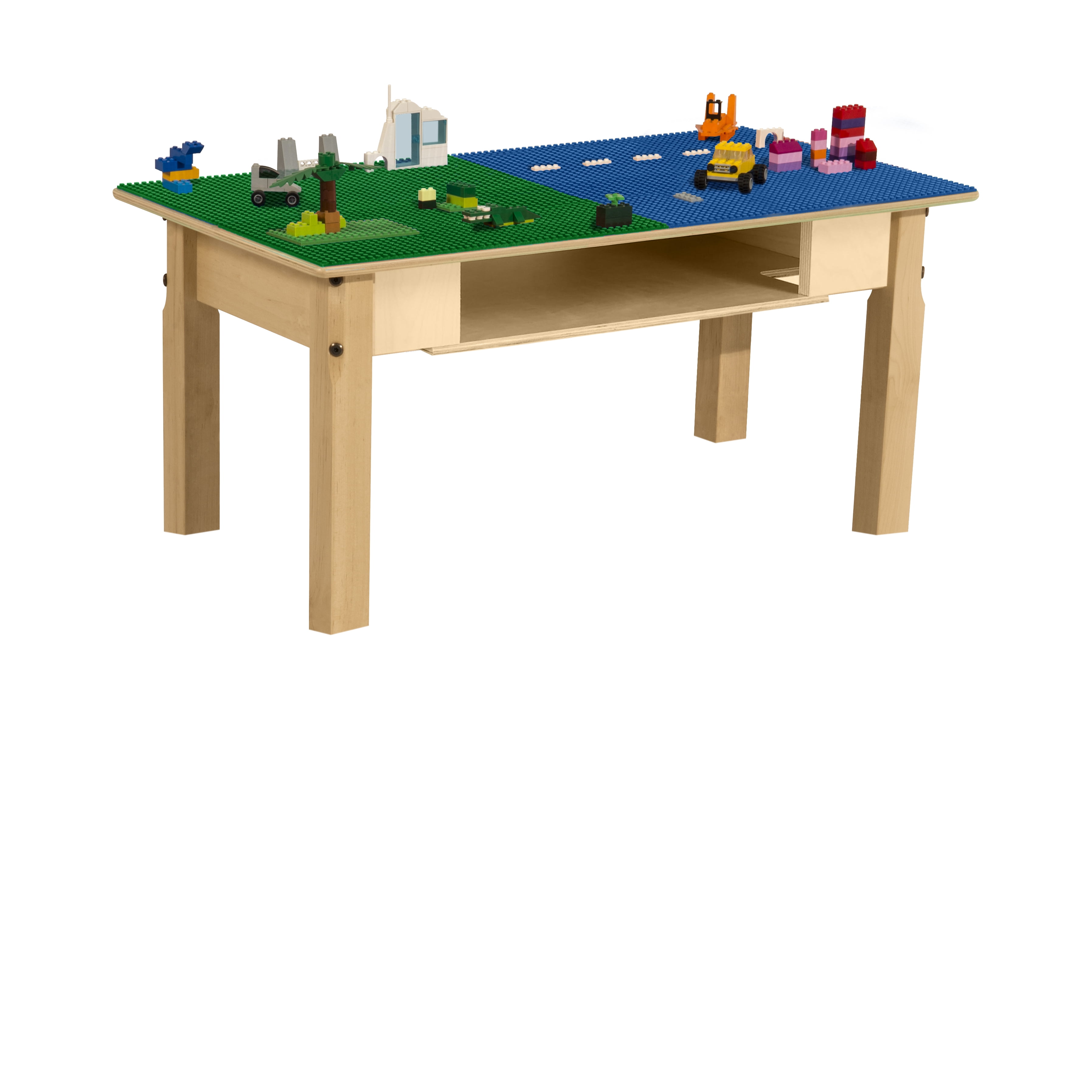 Time-2-Play Kids Play Table, Blue N Green Montessori Lego Compatible Table with Shelf Playroom Activity Table