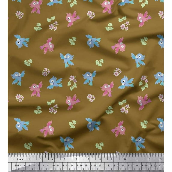 Soimoi Satin Silk Fabric Leaves,Floral & Parrot Kids Printed Craft Fabric by The Yard 42 Inch Wide
