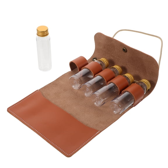 HEMOTON Portable Spice Bag Kit with 5 Glass Jars for Camping Brown PU Storage Bag Ideal for Outdoor Picnic BBQ 6.5"x4.3"