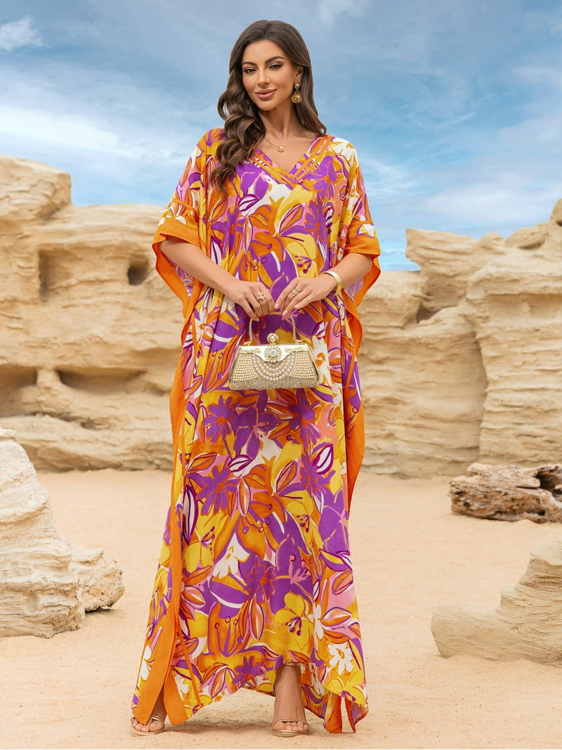 chinese dress ladies Floral Print Green Polyester Kaftan Plus Size Dress for Women main image 1
