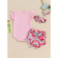 thumbnail image 4 of Suealasg Newborn Baby Girl Birthday Outfits Fly Sleeve Letter Print Romper +Watermelon Print Shorts+Headband 6M 12M 18M Infant Girl Summer 3Pcs Clothes, 4 of 9