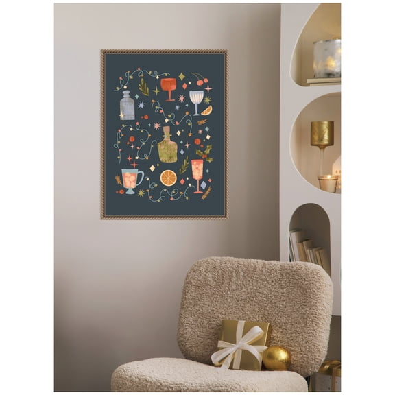 Kate and Laurel Framed Canvas Wall Art Print 'Holiday Cocktails' by Nikita Jariwala, 18 x 24 Sylvie Beaded Dark Gold Frame, Whimsical, Cuisine Art for Wall Decor