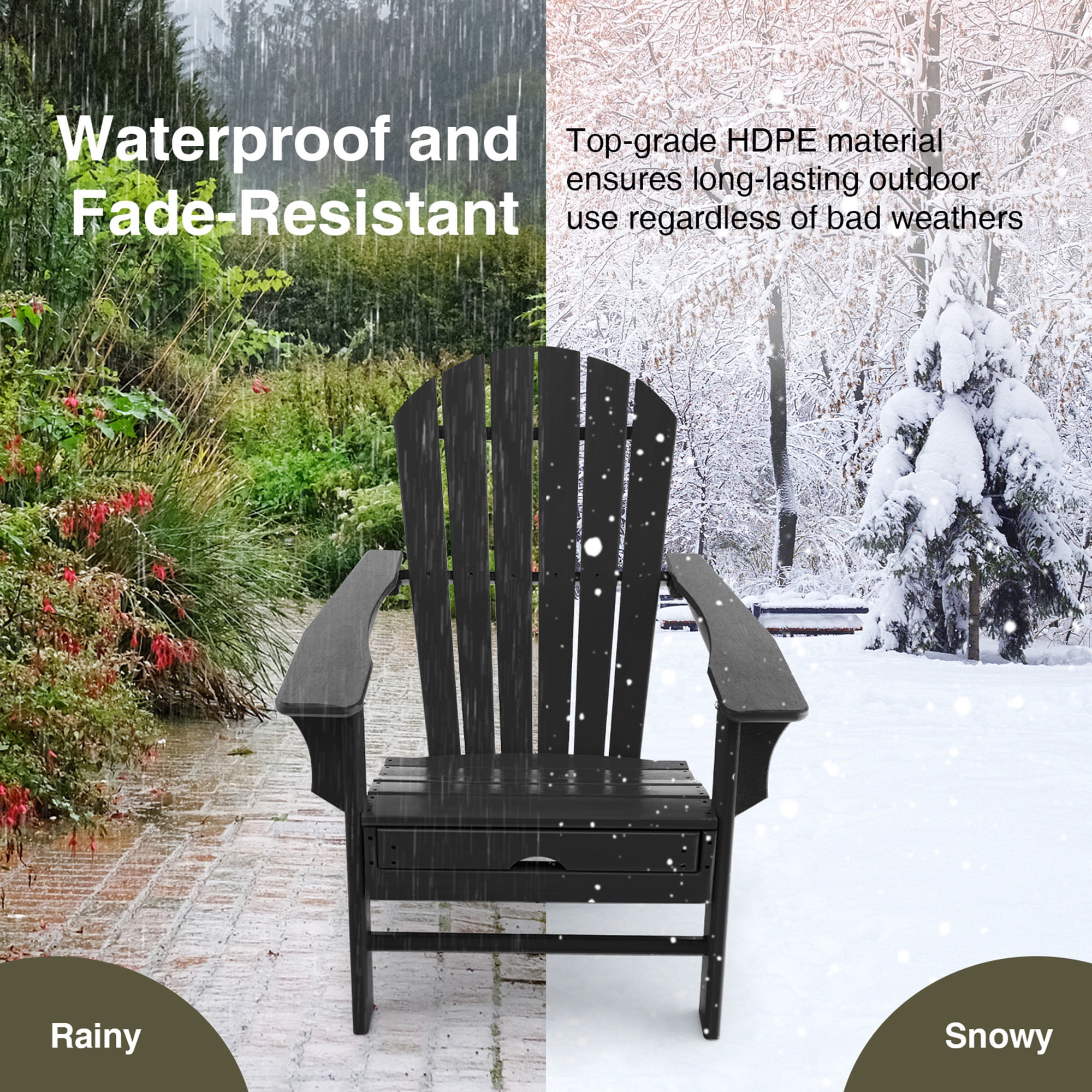 Gymax Patio Adirondack Chair HDPE Outdoor Lounge Chair w/ Retractable Ottoman Black