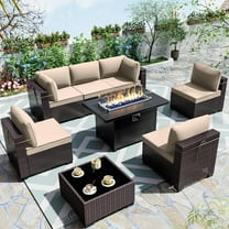 ASJMR 8 Pieces Outdoor Patio Furniture Set with Iron Fire Pit Table,Outside PE Rattan Wicker Sectional Sofa Conversation Sets with Brown Cushions