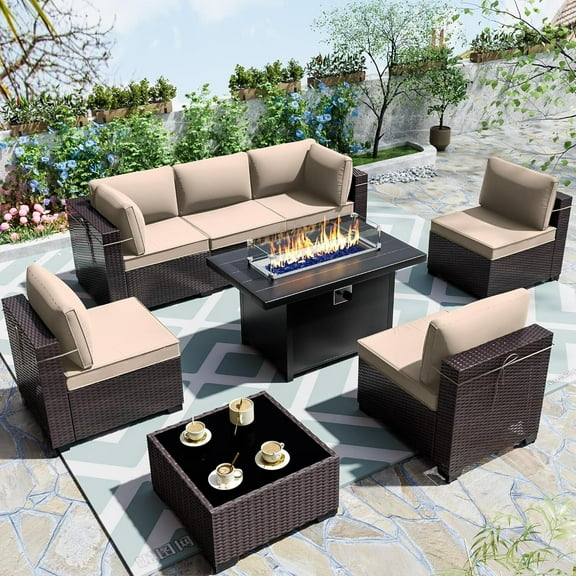 ASJMR 8 Pieces Outdoor Patio Furniture Set with Iron Fire Pit Table,Outside PE Rattan Wicker Sectional Sofa Conversation Sets with Brown Cushions