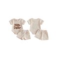 thumbnail image 2 of BemeyourBBs Newborn Baby Girls Little Sister Outfits Infant Girl Summer Clothes Waffle Knit Letter Embroidery Short Sleeve Romper and Elastic Waist Shorts Set, 2 of 9
