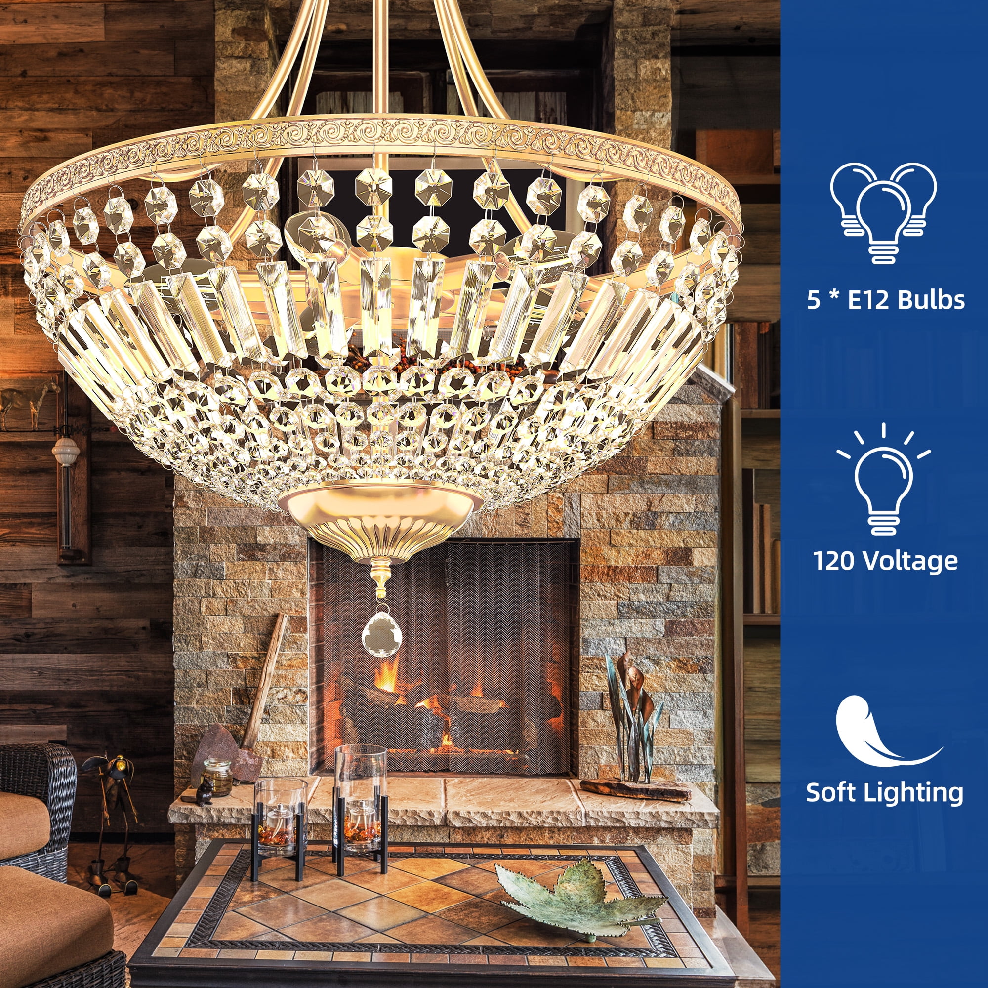 Uforic Crystal Ceiling Light Fixture, 5-Light Flush Mount Chandelier with Metallic Frame, Perfect for Elevating the Look of Bedrooms, Living Rooms, and Kitchens (Gold)