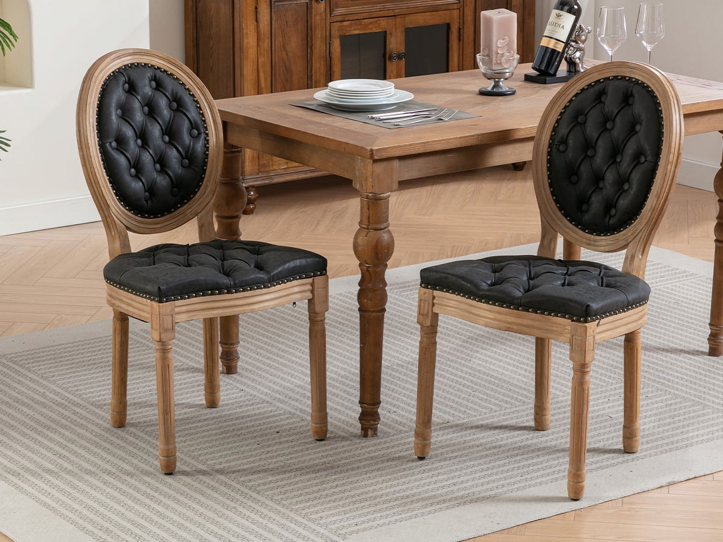 French Country Dining Chairs Set of 4, Black Kitchen & Dining Room Chairs Set of 4, Faux Leather Kitchen Chairs, Tufted Upholstered, Wood Legs, Sillas De Comedor (PU, Black, 4Pcs)