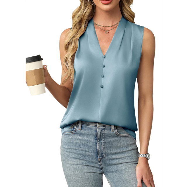 Camiseta Sin Mangas de Verano para Mujer, de Satén de Seda, con Cuello en V, Informal, de Negocios, Azul , XXL