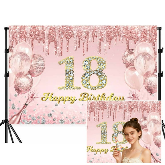 Happy 18th Birthday Backdrop,Twinkle Pink Sweet Time to Adult 18 Years Party Banner,Glitter Eighteen Years Old Theme Party Decorations Photography Background,7x5FT