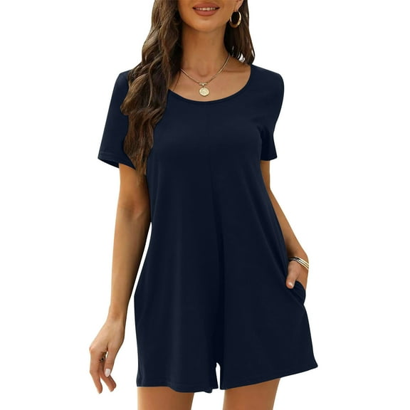 Yotami Women's Short Sleeve Jumpsuit Summer Wide Leg Lightweight Jumpsuit with Pocket Solid Color Backless Crew Neck Romper for Holiday