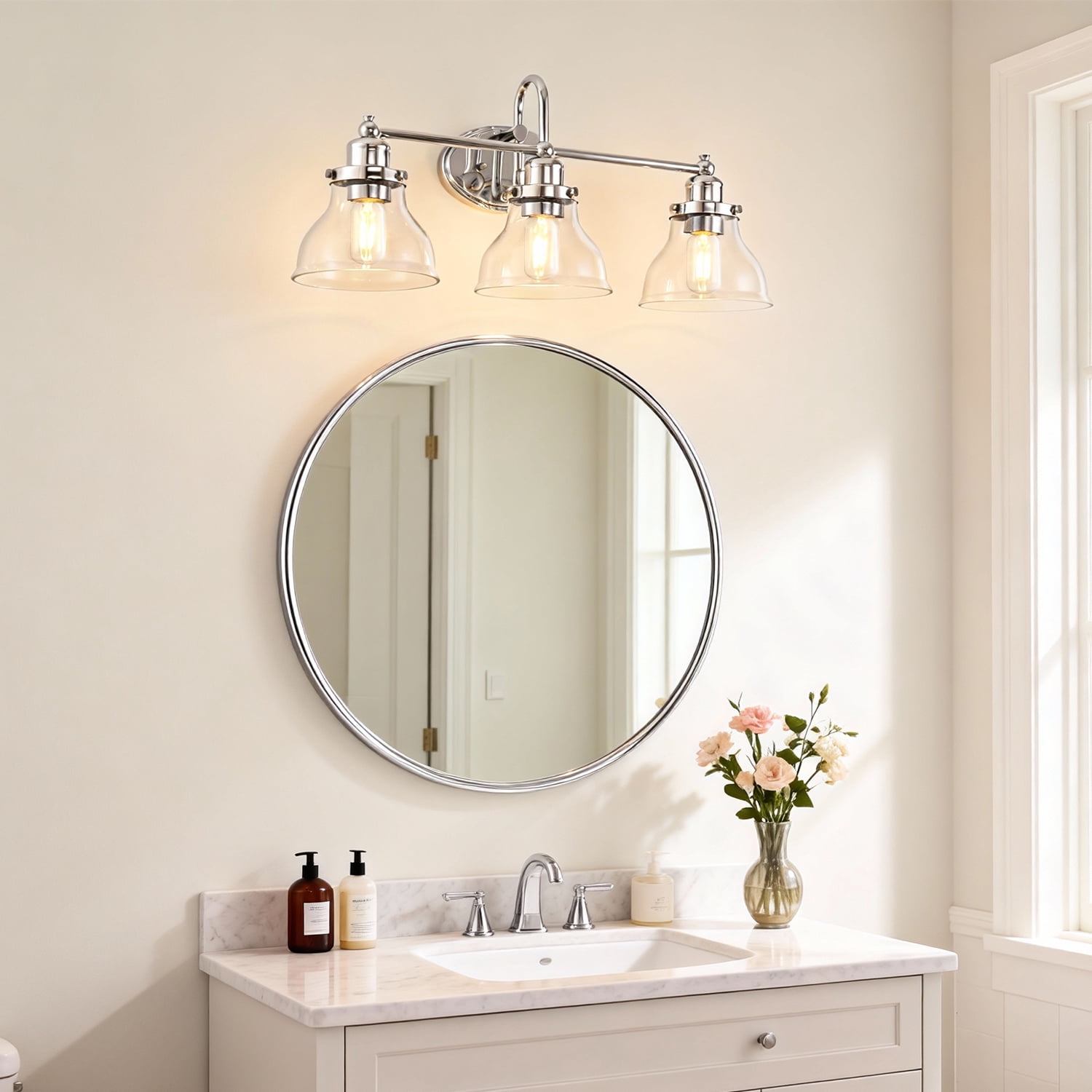 YANSUN 24.3 in 3-Light Vintage Chrome Vanity Light with Clear Glass Shades for Bathroom Vanity Table(Bulbs Not Included)
