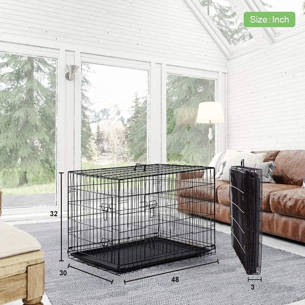 XF XINFENG 48 inch Folding Dog Crate Metal Dog Cage Kennel with Double-Door and Tray, Black