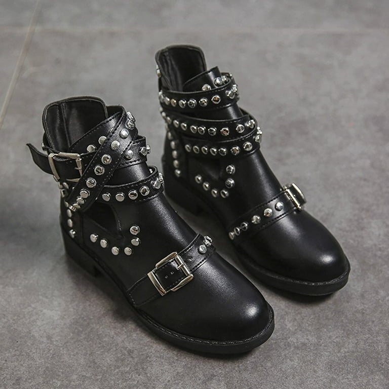 Studded buckle top boots womens