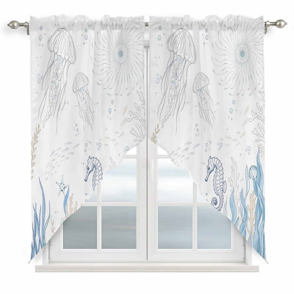 Seahorse Coastal Swag Curtains for Kitchen/Bedroom/Living Room, Summer Beach Ocean Nautical Coral Scalloped Curtains 63 Inch Long, Rod Pocket Window Swag Topper Curtains Valances 2 Panels Set 36"x63"
