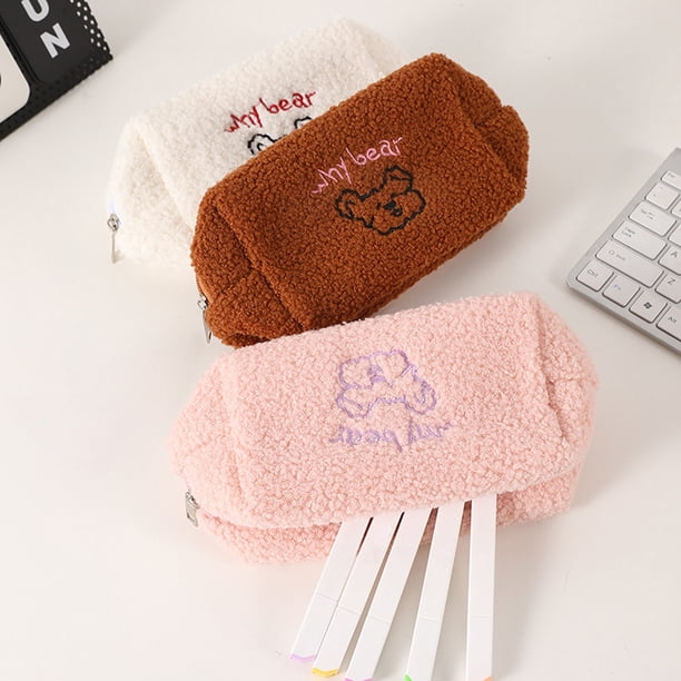 Bolsa de maquillaje | Organizador de almacenamiento de felpa de gran capacidad | Lindo patrón de oso y corazón de cordero | Cierre de cremallera | Bolsa de cosméticos multiusos | Lavable | Tacto