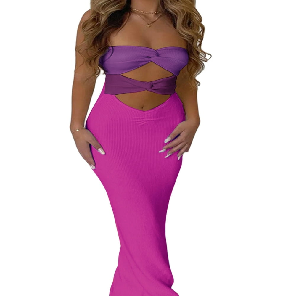 Women Twist Front Maxi Dress Hollow Strapless Tube Top Bodycon