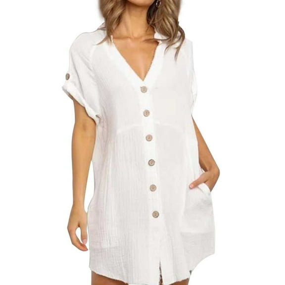 XuJwPNcy Cotton Linen Dress Women Short Sleeve Button down Shirt Dresses Casual Loose V Neck Cover Ups with Pockets