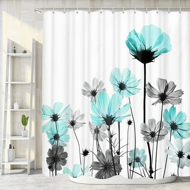 Teal Shower Curtain, Rustic Elegant Floral Turquoise and Gray Daisy