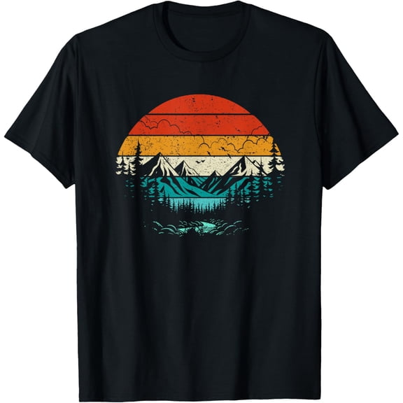 Retro Sunset Mountain Forest Camping Nature Outdoors Hiking T-ShirtBrand clothing, men and women can wear, black, white, gifts.