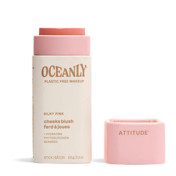 ATTITUDE Oceanly Rubor en barra liviano, sin dióxido de titanio, verificado por EWG, sin plástico, vegano y sin crueldad, maquillaje rosa sedoso, 0.3 onzas