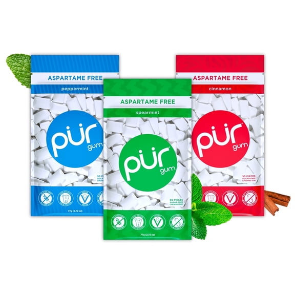 PUR Gum, Variety Pack, Aspartame Free, Sugar Free & 100% Xylitol, Natural Flavored Chewing Gum, 55 Pieces, Pack of 3