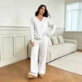 thumbnail image 2 of Domzest Sweatsuits 2 Piece Sets for Women Long Sleeve V Neck Off the Shoulder Sweatshirt & Wide Leg Sweatpants Casual Fall Outfits Light Gray S, 2 of 6