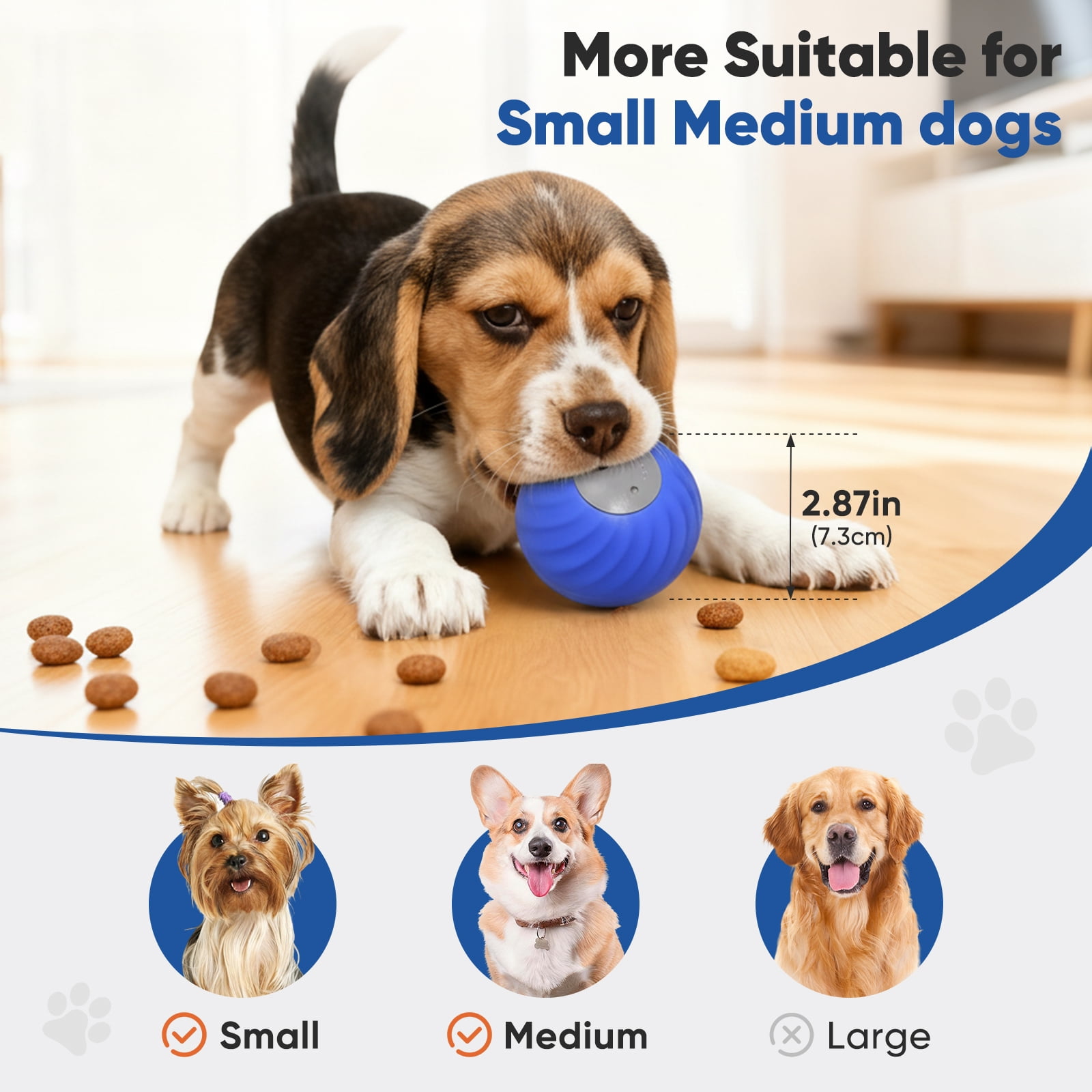 Petbobi Automatic Rechargeable Interactive Dog Ball with Active Rolling Treat Dispensing for Small Medium Dogs, 2.87" Blue