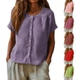 thumbnail image 2 of Oversized Tshirts for Women Linen Cotton Blend Button Down Shirt Casual Short Sleeve Neck Blouse Loose Fit Purple Summer Tops for Women, 2 of 9