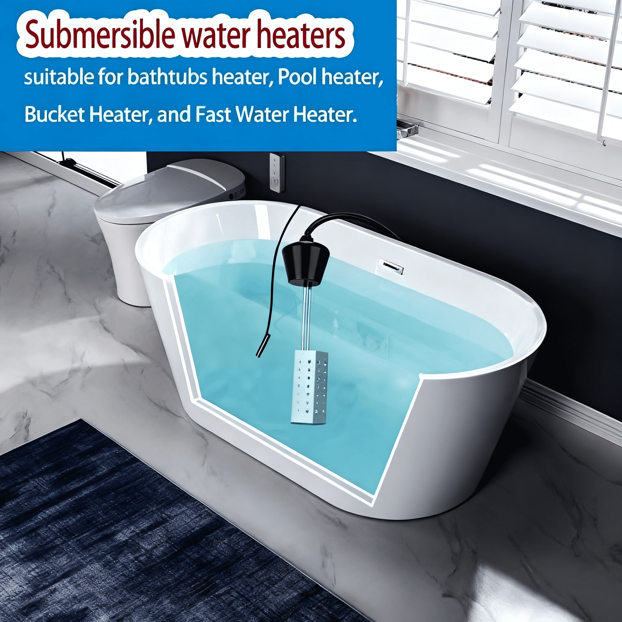 Immersion Water Heater with Thermostat - 1500W Floating Bucket Heater with Timing Temperature Control Setting Auto Shut-Off 304 Stainless-Steel Guard Water Heater for Bathtub, Garden