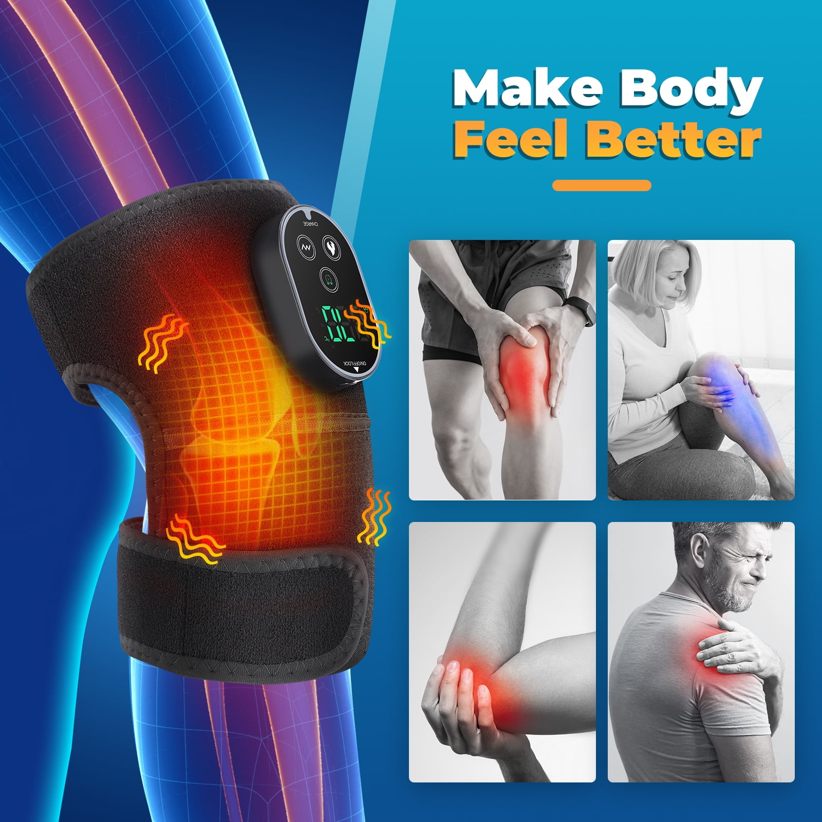 Knee Massager with Heat & Vibration – Heated Knee Brace Cordless, Knee Heating Pad Wrap with 6 Heat + 3 Vibration Modes, Rechargeable Adjustable Strap for Knee Shoulder Elbow, Auto Shut Off 2PCS