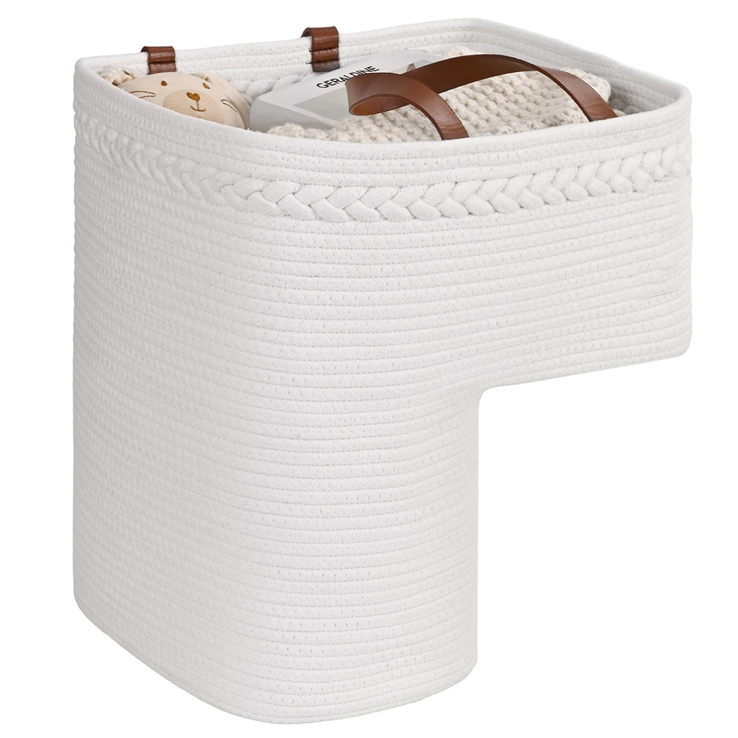 Natubeau Woven Storage Baskets, White Large Storage Basket with Handles for Wooden Stairs, Staircase Baskets for Organizing, 15"L x 10"W x 15"H
