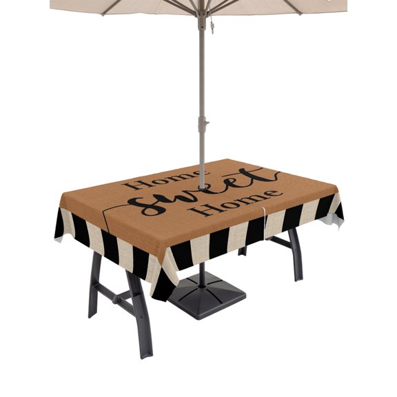 52x70 Inch Outdoor Tablecloth with Umbrella Hole Zipper Rectangle Brown Sweet Home Rectangular Tablecloths Outside Waterproof Modern Art Black Beige Checkered Patio Table Cloth Cover for Picnic Party