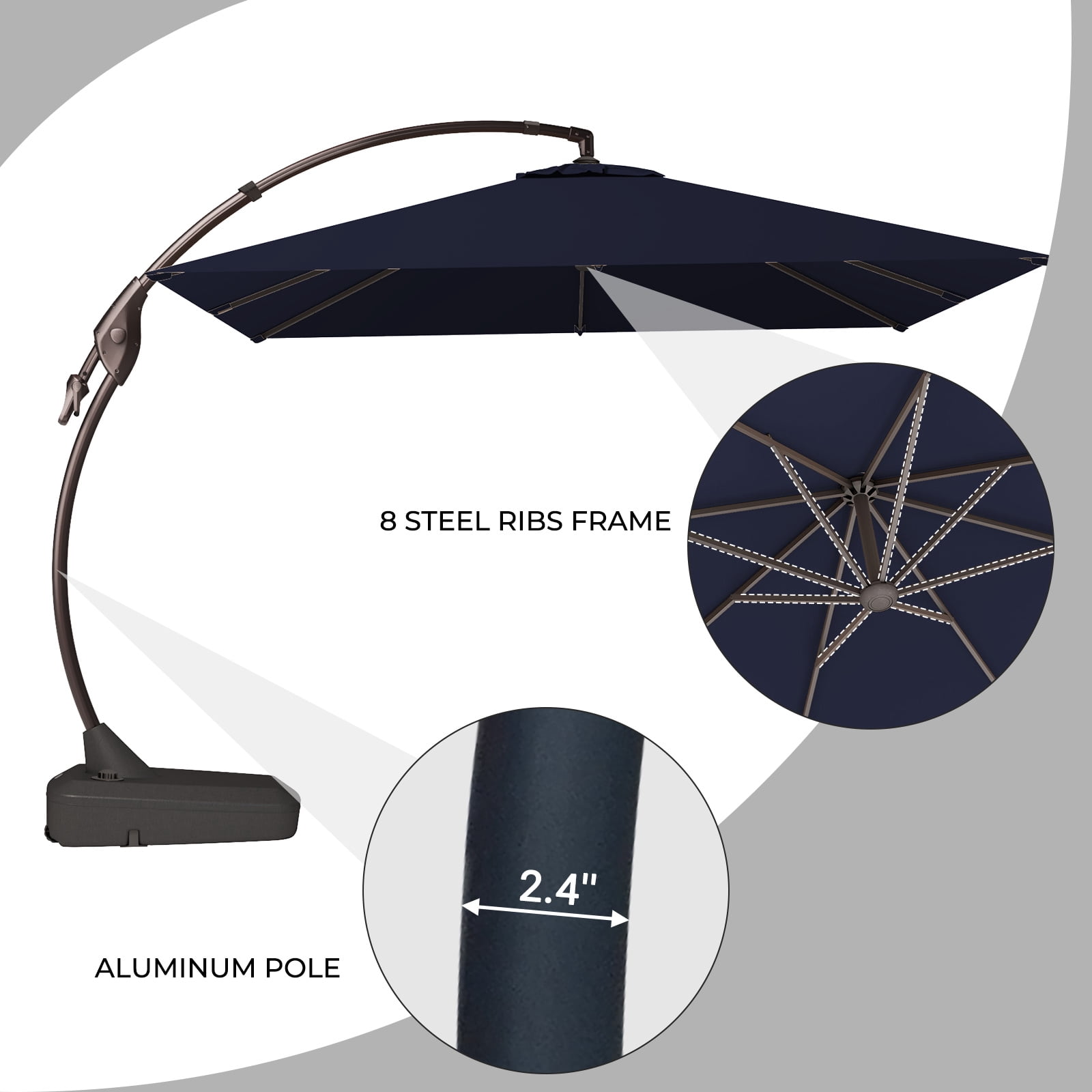 GRANDPAITO 10x10 ft Deluxe Patio Aluminum Offset Umbrella with Base, Large Rectangular Outdoor Cantilever Umbrella, Navy Blue