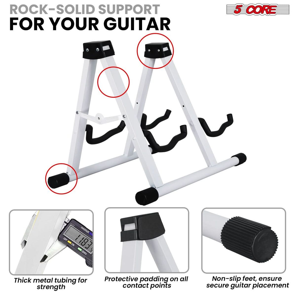 5 CORE Guitar Stand 2 In 1 Electric Acoustic Bass Banjo Stand Strong Metal Double A-Frame Folding Guitar Holder with Padded Foam Sleeves White - GSS 2N1 WH