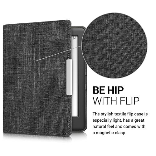 kwmobile Case for Kobo Glo HD/Touch 2.0 - Book Style Fabric Protective e-Reader Cover Flip Folio Case - Dark Grey