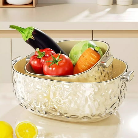 

SUSUchens 2Pcs Double Layer Drain Basket Set Food Grade BPA Free Large Capacity Nested Design Rotatable Colander with Mixing Bowl Kit White 2pcs