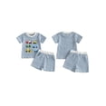 thumbnail image 2 of BemeyourBBs Toddler Baby Boys Summer Clothes Waffle Knit 2 Piece Outfits Excavator Truck Vehicles Embroidery Short Sleeve T Shirt Tops and Pockets Shorts Set, 2 of 7
