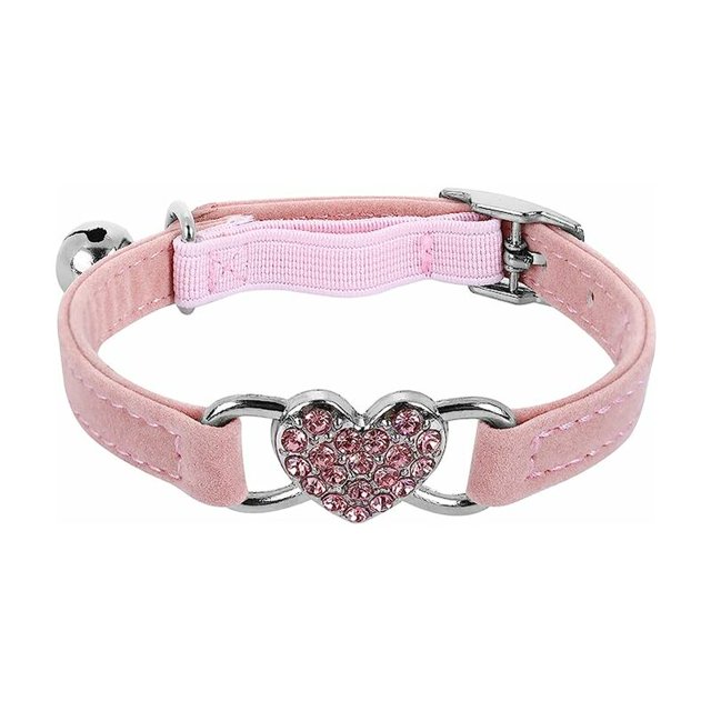 Collar para gatos en forma de corazón con cinturón de seguridad y cascabel de diamantes de imitación para gatitos y perros pequeños Rosa