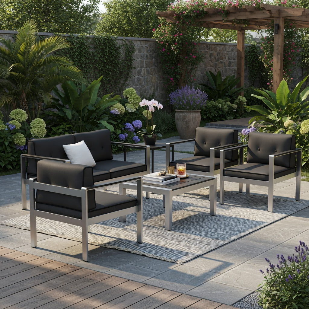 Hommoo Modern 2-Person Aluminum Outdoor Sofa Chair with WPC Armrests, Cushions & Silver Frame, All-Weather Balcony, Patio, Backyard Seating, Gray